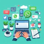 Person using a laptop surrounded by social media and messaging icons like WhatsApp, Twitter, and chat bubbles, with productivity elements like clipboard, plants, and coffee
